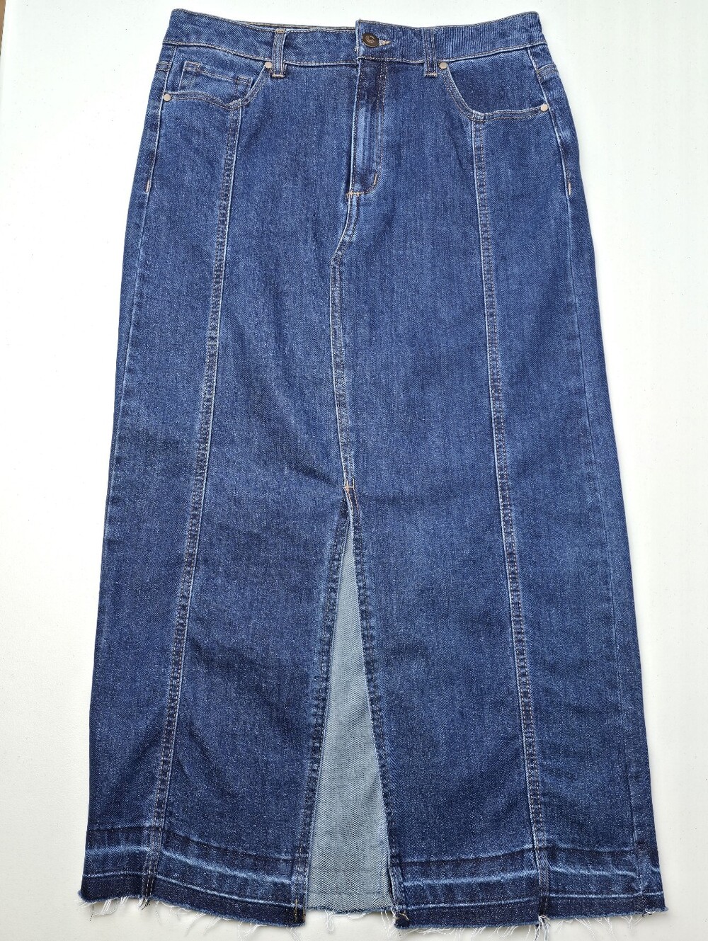 Rachel Zoe High Rise Stretch Denim Maxi Skirt Front Slit Raw Released Hem Size 6